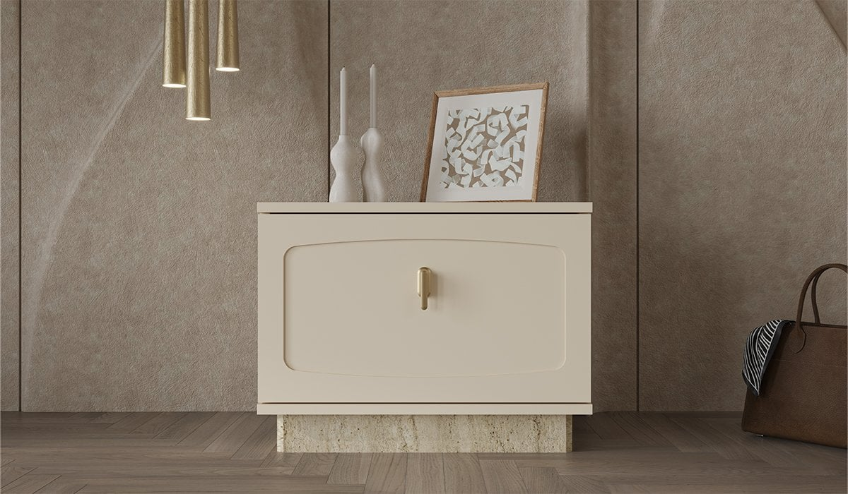 Traverten Baza Detaylı Krem Komodin