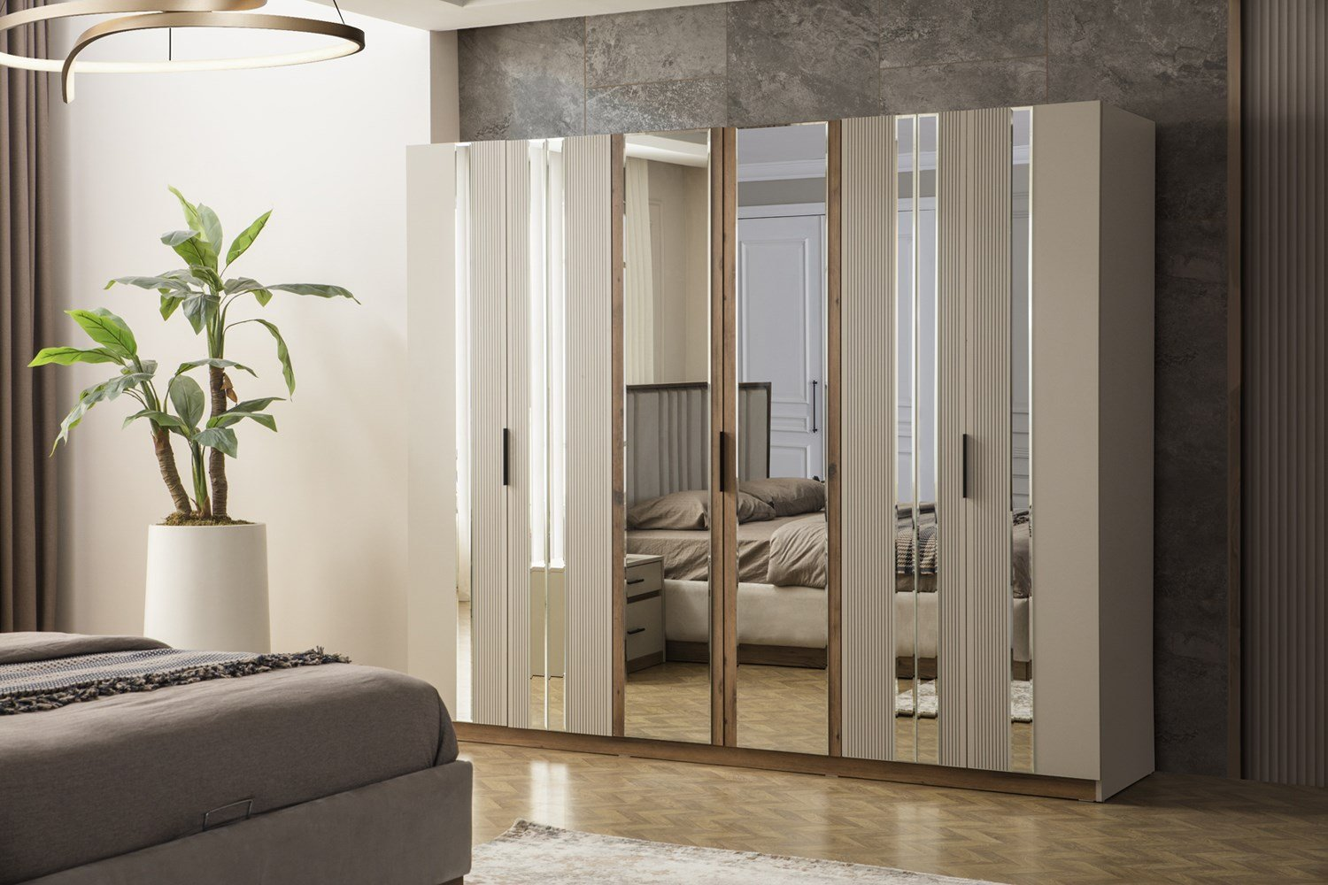 Aynalı & Ahşap Detaylı Fitilli Gardırop