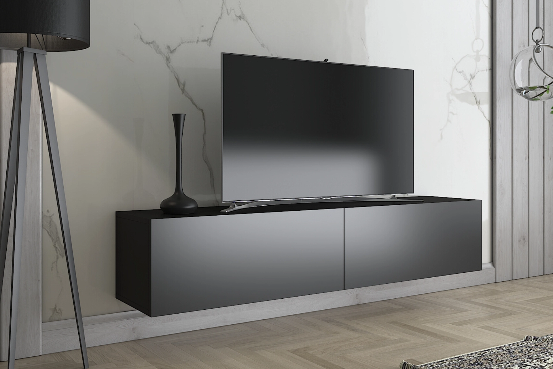 Mat Siyah Duvara Monte TV Ünitesi