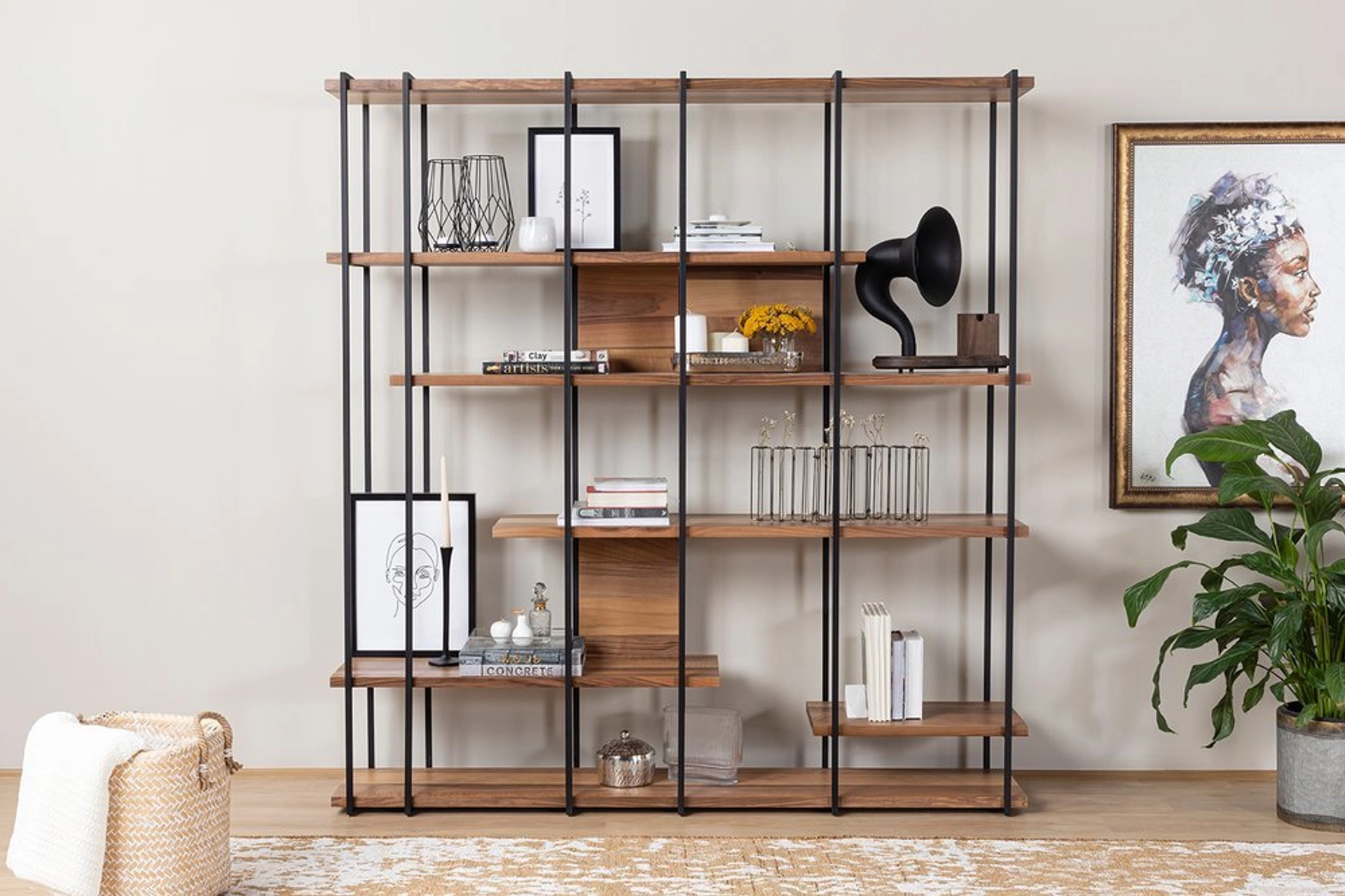 Endüstriyel Metal & Ahşap Geniş Kitaplık