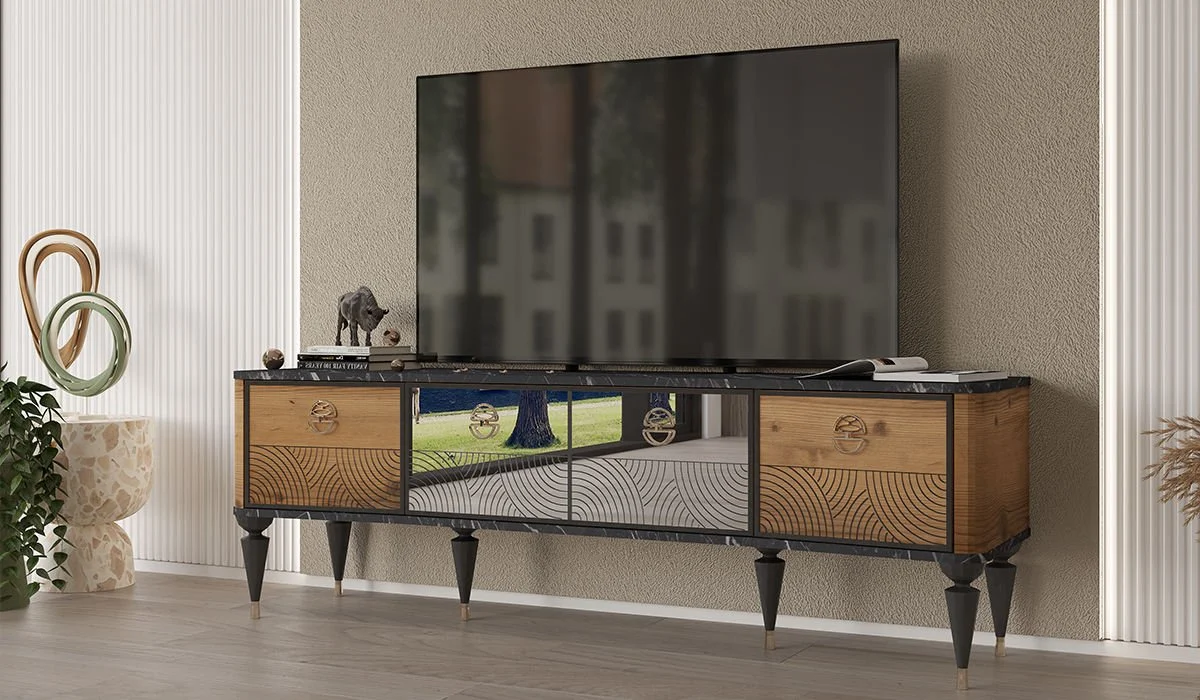 Geometrik Ahşap & Aynalı TV Ünitesi