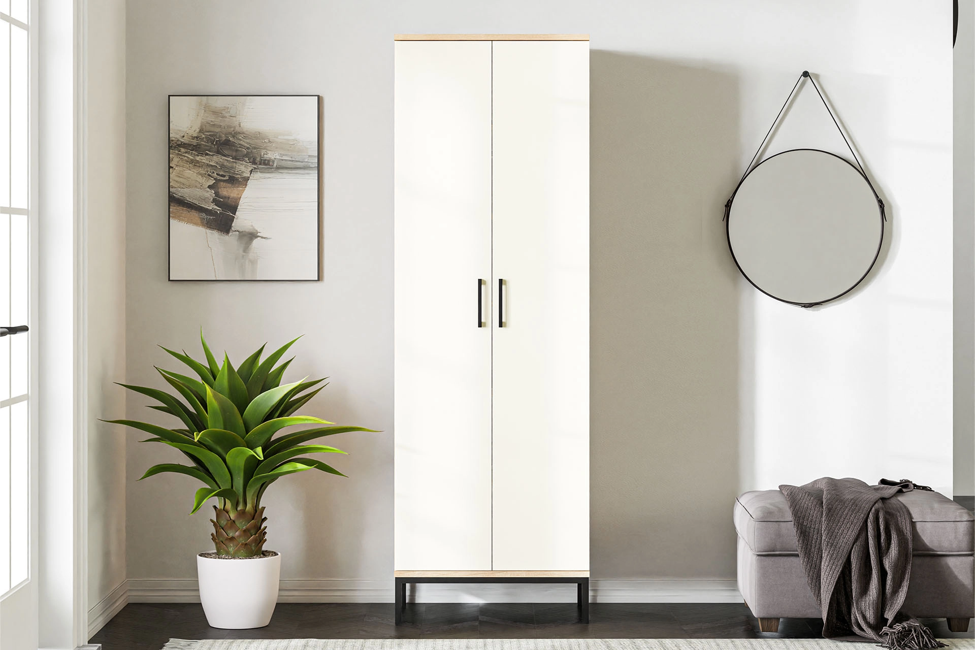 Beyaz & Meşe Dikey Çok Amaçlı Dolap