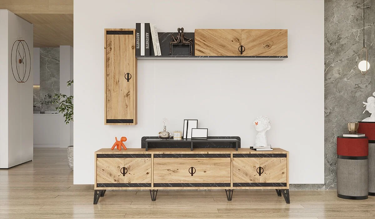 Balıksırtı Desenli Rustik TV Ünitesi